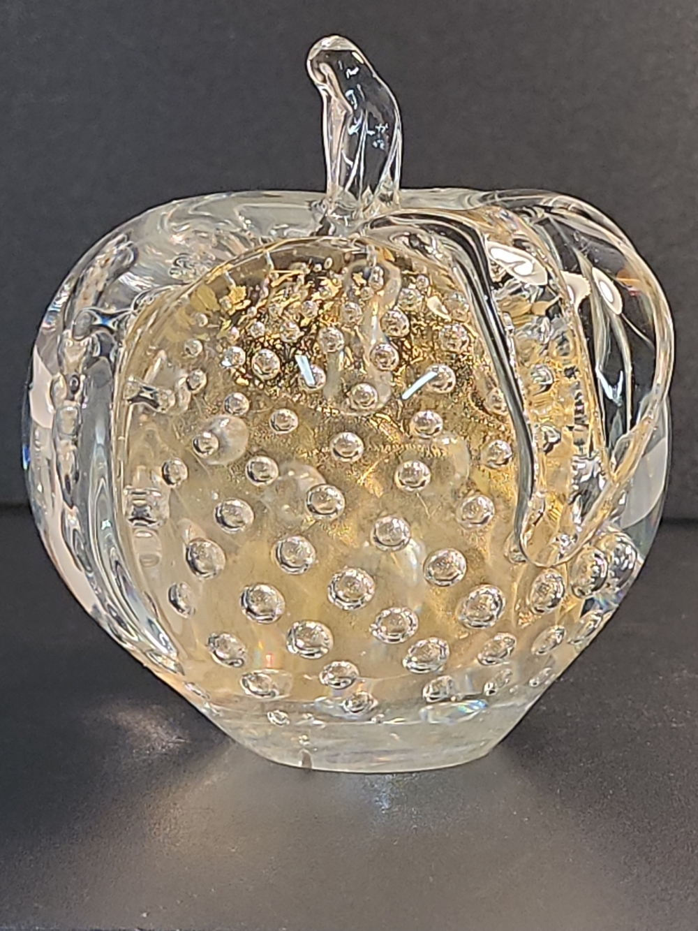 Murano Apple Paperweight Italy Art Glass Clear Gold Controlled Bubbles 4 Inch